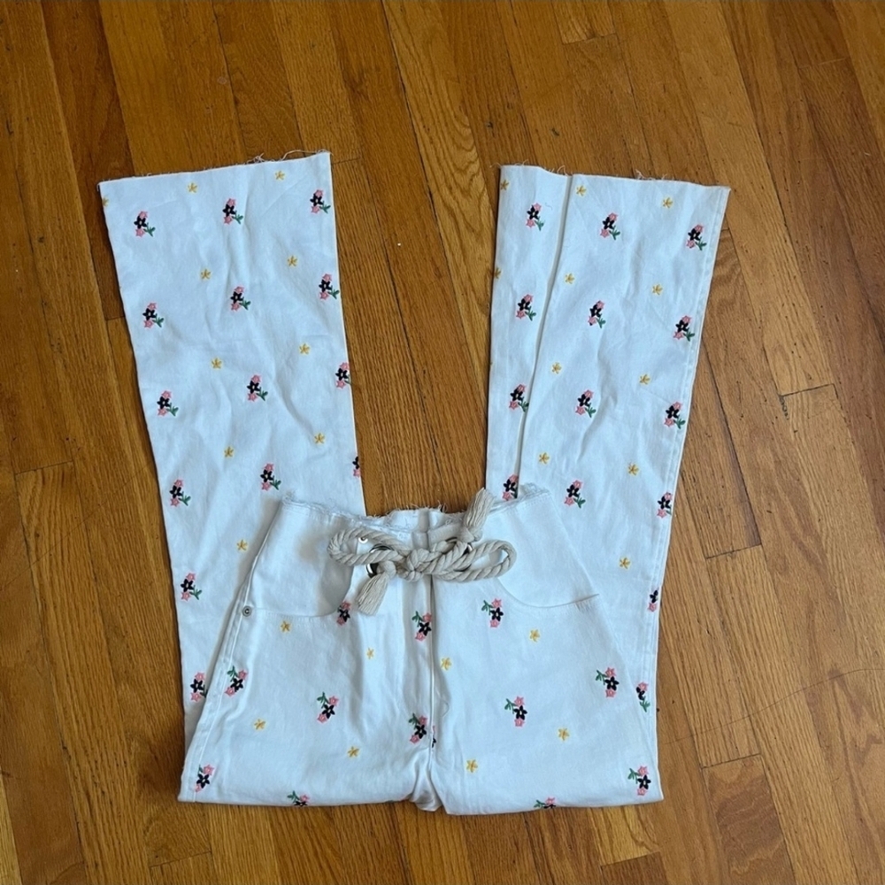 Miaou White Embroidered Mimi Pants With Rope Tie Waist